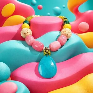 Bold Chunky Statement Necklace Colorful Beads & Teardrop Pendant